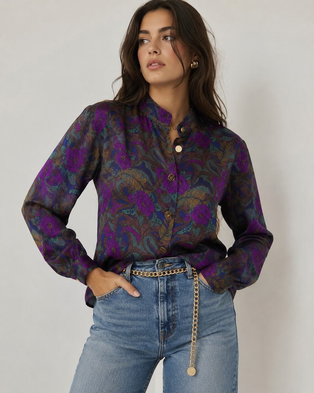 Vintage Dark Floral Brown Purple Blue Blouse Gold Buttons Sz Medium